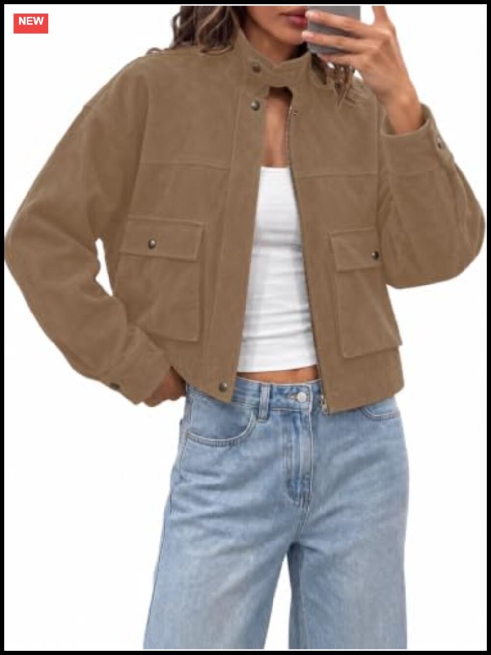 Faux Suede Bomber Jacket Cropped Utility Zip Button Funnel Neck